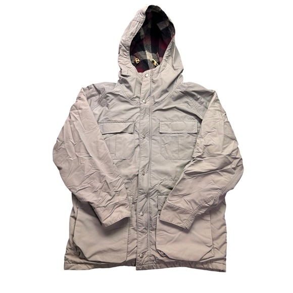 Vintage LL Bean Baxter State Parka Mens Medium Tan Hooded Plaid Lined Jacket USA